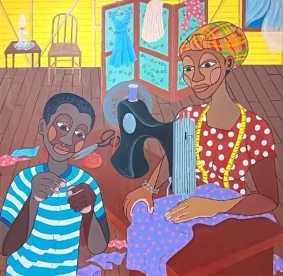 Painting of a mother and child sewing, by Iyaba Ibo Mandingo
