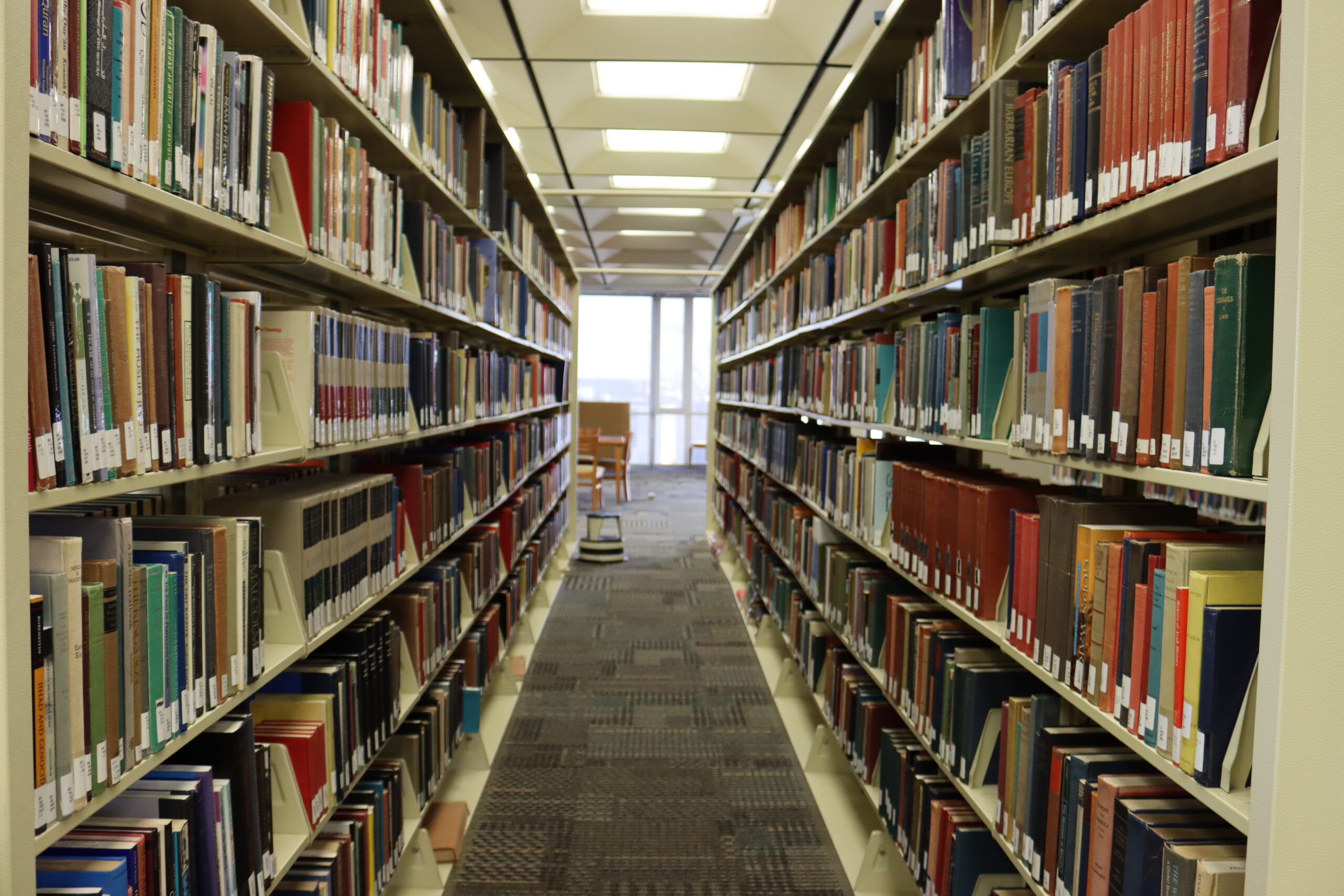 Bookshelves at Wahlstrom Library.
